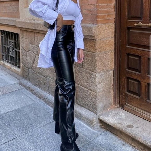 Pants - BLACK PU LEATHER PALAZZO PANTS